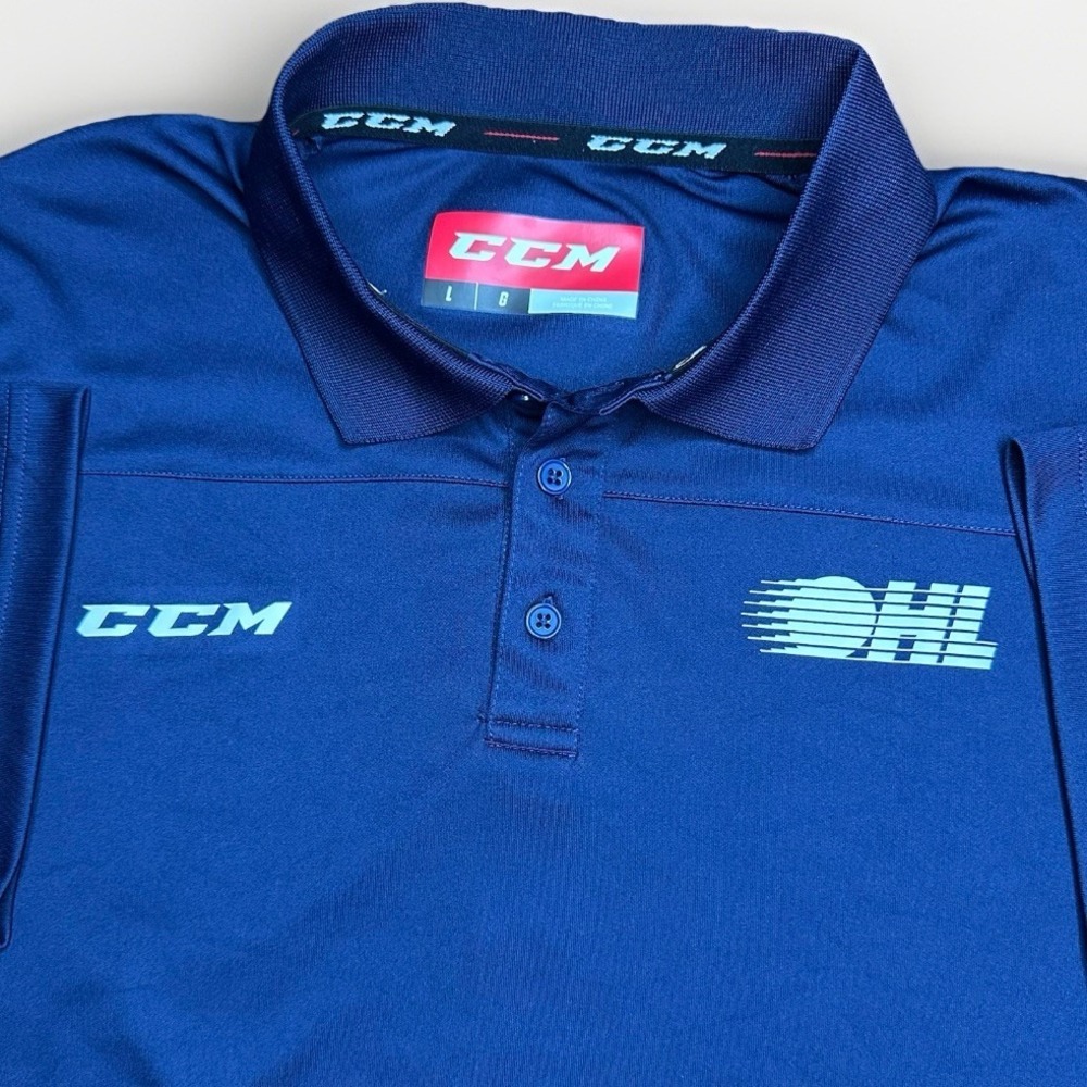 CCM Ontario Hockey League Hockey OHL Polo Shirt Mens Large Blue Performance
